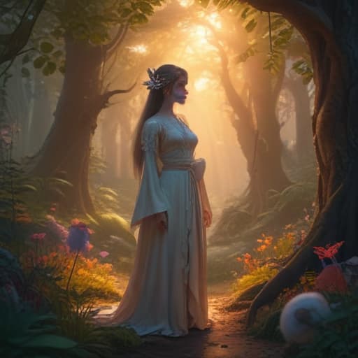 Create a digital art piece of a mystical forest clearing, bathed in a soft, ethereal light. In the center stands a beautiful and elegant female NPC, known as Dríade. She is surrounded by various magical creatures, her presence boosting their strength. A wise NPC Medic Wizard and a mischievous Trufa stand by her side, ready to assist. Show Dríade radiating a gentle glow, enhancing the power of the creatures around her. The scene should capture the essence of magic and nature intertwined, with intricate details and vivid colors, reminiscent of Akina Fujiwara's style. fantastical creatures or characters inspired by mythology, folklore, or popular culture. use vibrant colors, sharp lines, intricate details, dynamic poses, dramatic lighting, a