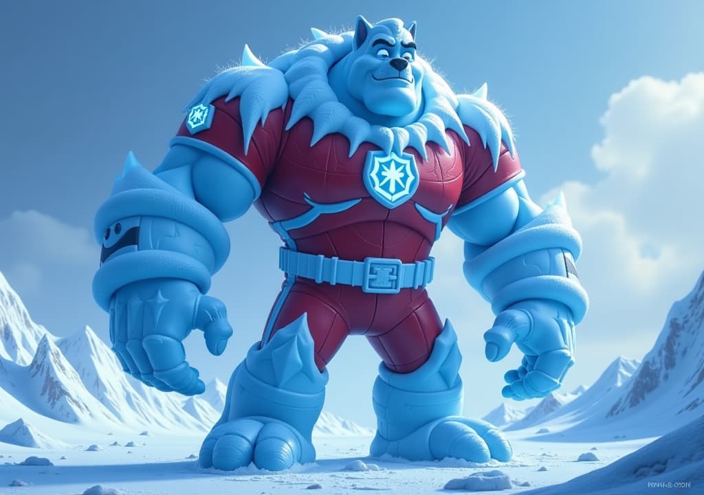  marshall from paw patrol, transformed into a colossal frost giant, towering over a frozen, desolate landscape. his signature red firefighter uniform is still intact, but now covered in thick layers of ice and frost, with sharp icicles hanging from the edges. his firefighter logo remains visible, glowing faintly under the layer of ice, but now a symbol of his cold, terrifying power. marshall's body is no longer flesh but solid, muscular ice, with cracks and glowing blue veins running through his frozen form. his once friendly eyes now glow with a cold, eerie blue light, exuding an intimidating, supernatural presence. his paws have mutated into enormous, razor sharp claws made of ice, capable of tearing through anything in his path. he stands