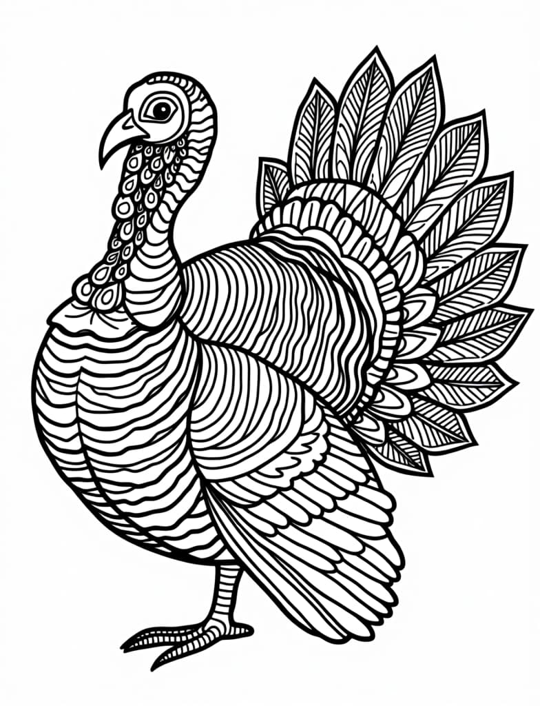  a turkey with elaborate feather patterns, black and white line art on a white background, for an adult coloring page.