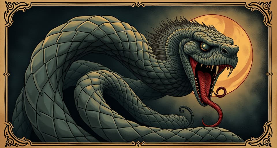  mind ensnared by serpent like coils, venomous, entrapping, dangerous allure. an illustration in the style of a worn, mystical old tarot trump card, mysterious and elements of surrealism. the colors are muted, somber and eerie, but with contrast bring out an occult and esoteric vibe.