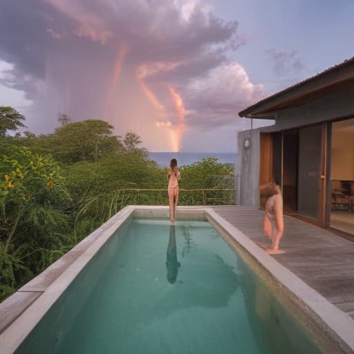 Draw a girl who’s going to swim. The scene takes place in a swiming pool of a roof top appartement in koh phiphi. We can see the viewpoint and a rainbow in the Sky. The girl hold in her right hand a long handmade cigarette.