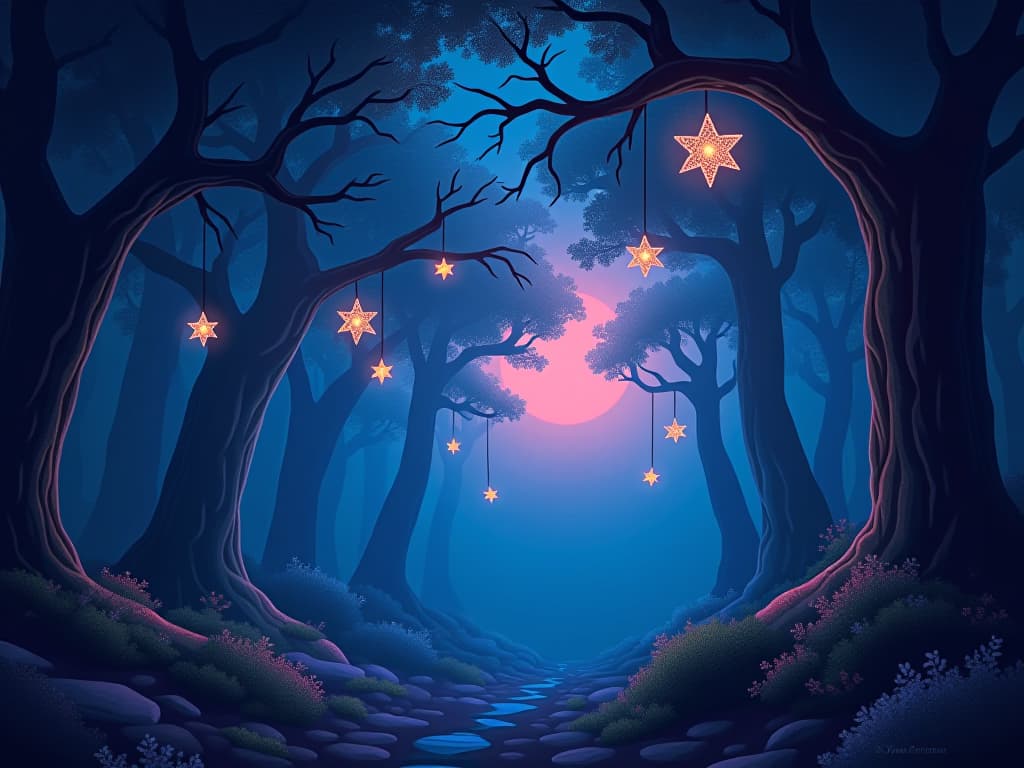  a serene, mystical forest at twilight, with glittering lights hanging in the air. still, quiet, peaceful.. the style is digital art illustration,highly detailed, whimsical,magical, dreamlike atmosphere, realism and fantasy blend, smooth, glossy textures,luminous quality, wonder and enchantment.