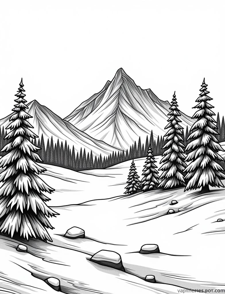  this is for an adult coloring page. a detailed black and white line art of a snowy snowy landscape with a distant view of a mountain range on a solid white background.