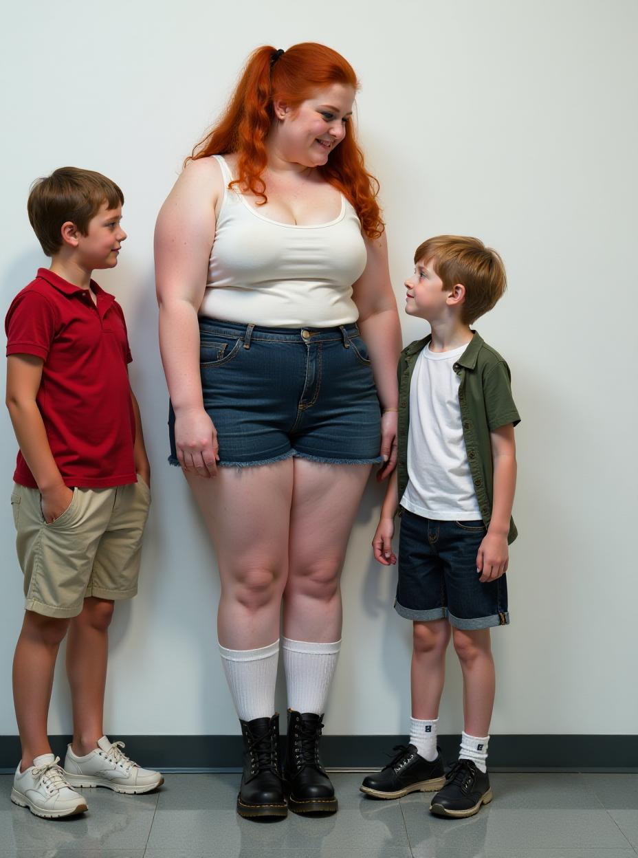  the year is 2012. a group of old students from a diverse background gather for a cl photo. they stand against a plain, white wall, their poses ranging from casual to . one student, a extremely tall, full figured american young first grade girl with vint red hair and freckles, stands out towering over everyone. she's dressed in a tight tank top and a simple pleated mini, paired with black dr. martens boots and white over the knee socks that emphasize her impossibly long, toned legs. her hair is styled in twin tails, adding to her youthful appearance. next to her stands the very short slender , his gaze fixed on her. she looks down at him with a gentle smile and raise bent leg up across his , creating a con