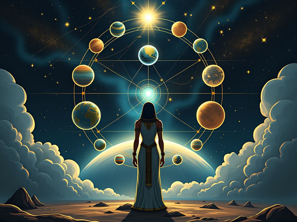  a celestial alignment, planets and stars forming a divine pattern, miraculous energy palpable, symbolizing inevitable miracles. the style is digital art illustration / modern comic book / mysterious occult, symbolic, esoteric vibe,high detail on character design, incorporating ancient egyptian symbology and attire.