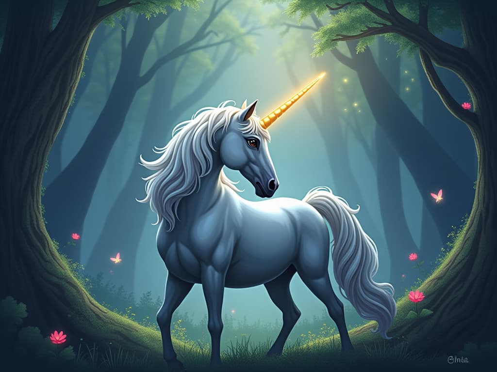  majestic unicorn with a glowing horn, standing in an enchanted forest, emitting an aura of transformation and enlightenment, surrounded by luminescent flora and delicate fairies, representing turning challenging situations into opportunities for growth.. the style is digital art illustration,highly detailed, whimsical,magical, dreamlike atmosphere, realism and fantasy blend, smooth, glossy textures,luminous quality, wonder and enchantment.