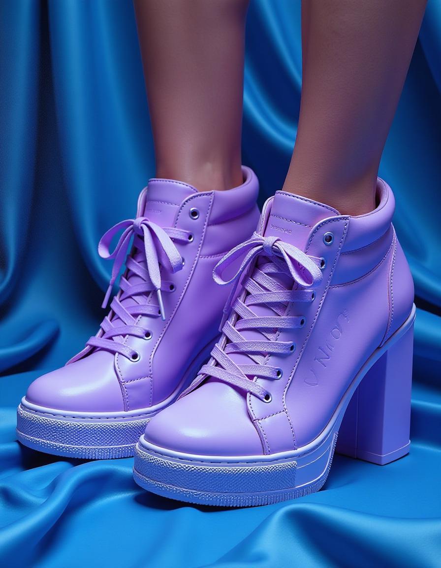  hyperrealistic art a masterpiece. oil painting.(a pair of women's glamorous lilac leather heeled trainers with neon purple lighting:1.5). on the sole is an inscription (‘artgeneration.me’:1.6). on background of blue satin cut fabric draperies. intense close up. surrealism style. high detail. high quality. high resolution. . extremely high resolution details, photographic, realism pushed to extreme, fine texture, incredibly lifelike