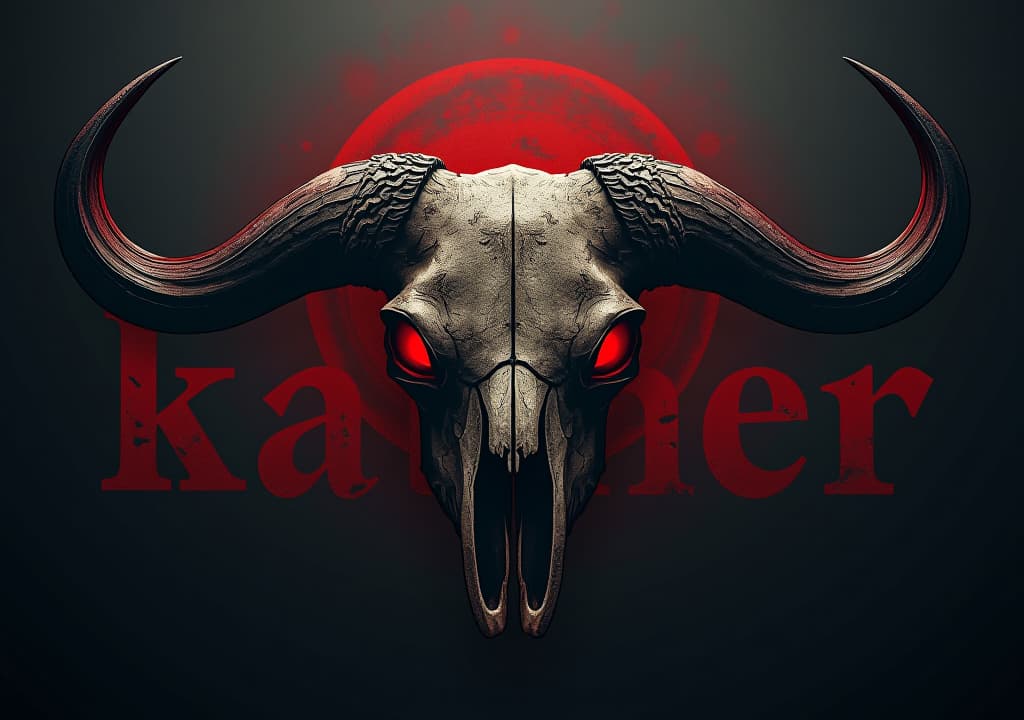  a dark art, street style logo with typography text "kacher", rock feeling, vintage, background is a evil buffalo skull, , red eyes, bloody, low contrast, low saturation, cinematic lightinghyper detail, intricate details, sharp focus, high resolution, 8k, ultra detailed, vib