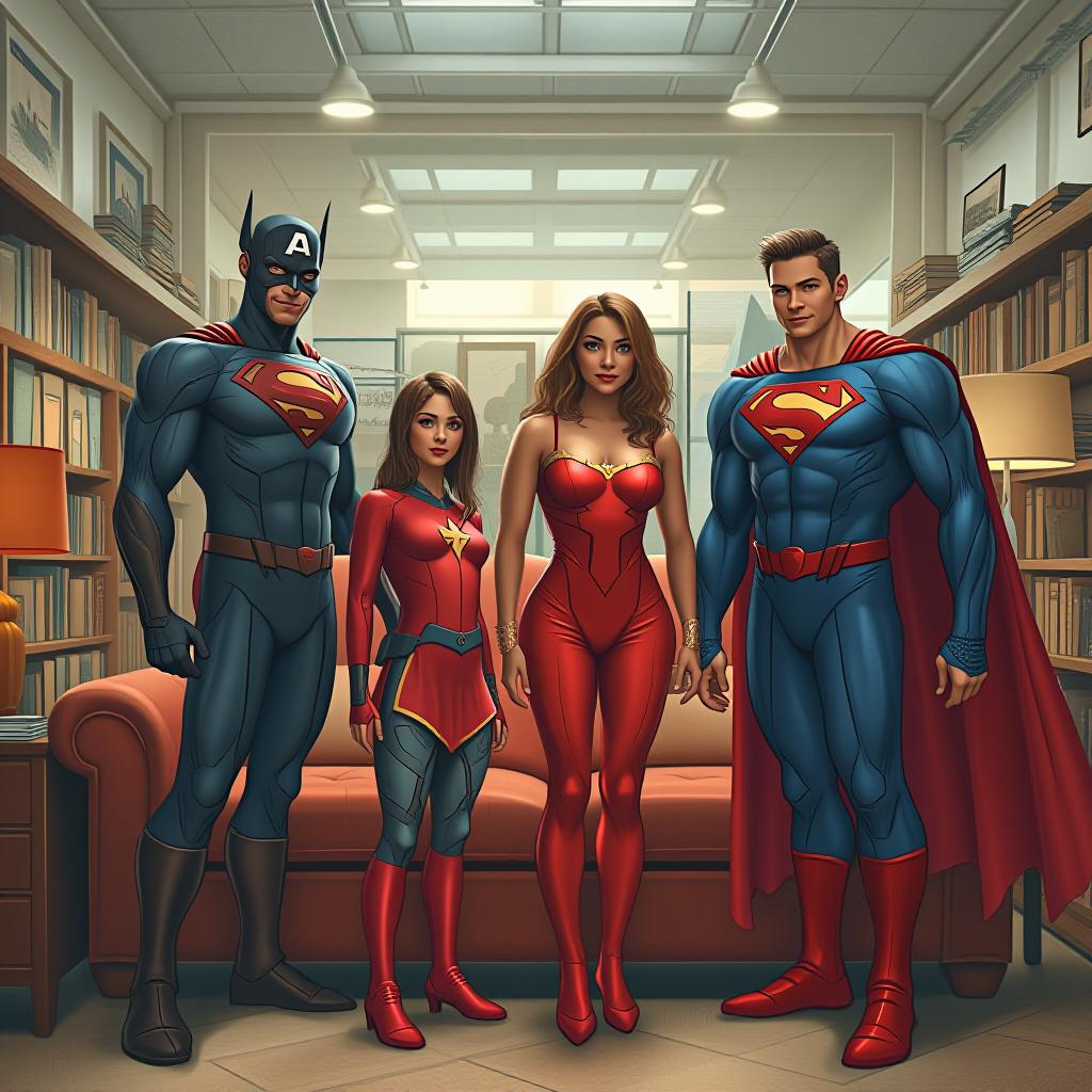  4 superheroes in a furniture store 2 guys and 2 girls