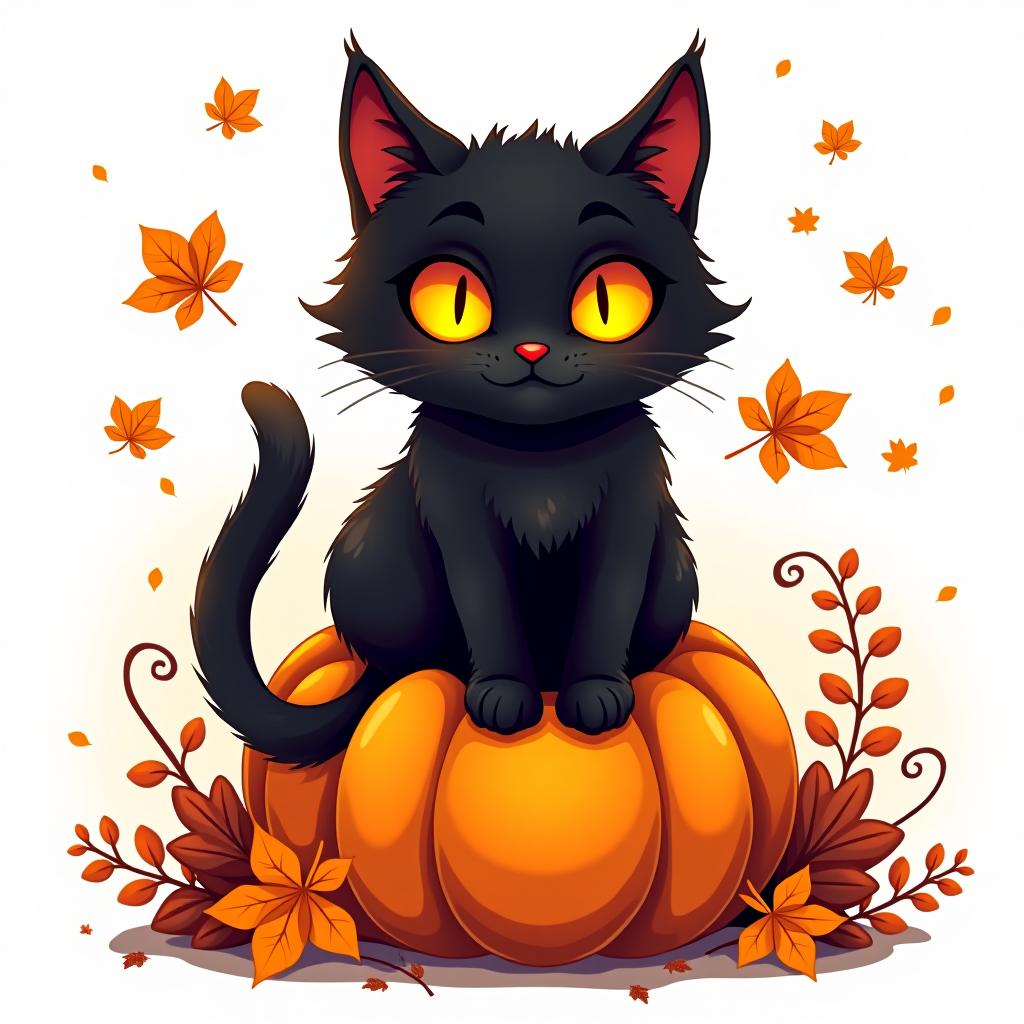  a cute black cat with glowing eyes sitting on a pumpkin, surrounded by swirling autumn leaves in a whimsical style, with warm, moody lighting. t shirt design, vector, contour, white background, no mockup hyperrealistic, full body, detailed clothing, highly detailed, cinematic lighting, stunningly beautiful, intricate, sharp focus, f/1. 8, 85mm, (centered image composition), (professionally color graded), ((bright soft diffused light)), volumetric fog, trending on instagram, trending on tumblr, HDR 4K, 8K