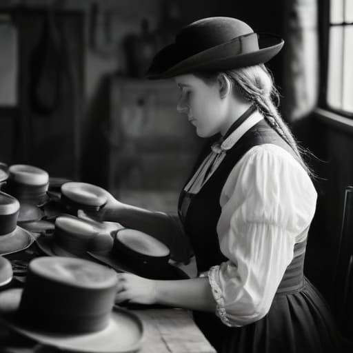 Poor lady making hats in 1800s white and black picture in Cinematic style