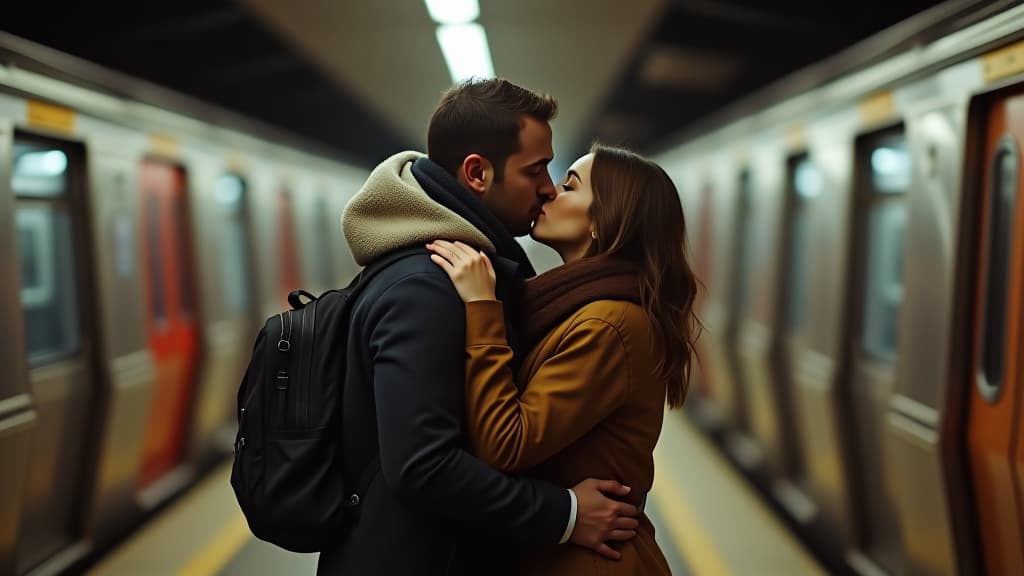  couple kissing on subway platform