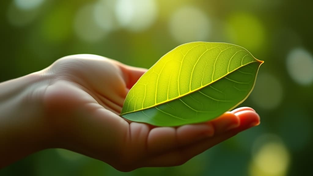  scenes about health and fitness, a vibrant close up of a hand holding a guava leaf, softly highlighted by natural sunlight to emphasize connection to nature. hyperrealistic, full body, detailed clothing, highly detailed, cinematic lighting, stunningly beautiful, intricate, sharp focus, f/1. 8, 85mm, (centered image composition), (professionally color graded), ((bright soft diffused light)), volumetric fog, trending on instagram, trending on tumblr, HDR 4K, 8K