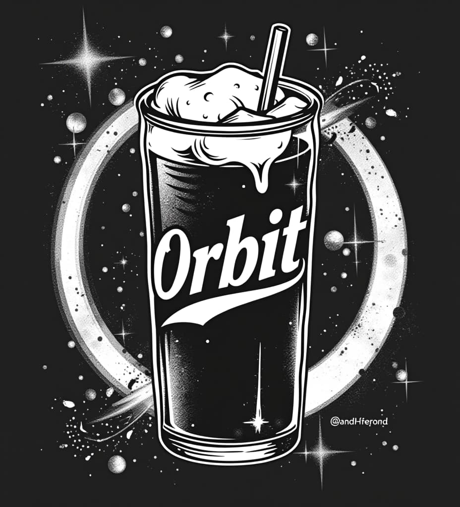  black and white distressed, vector style t shirt design ad for orbitz drinks with the text "orbitz"