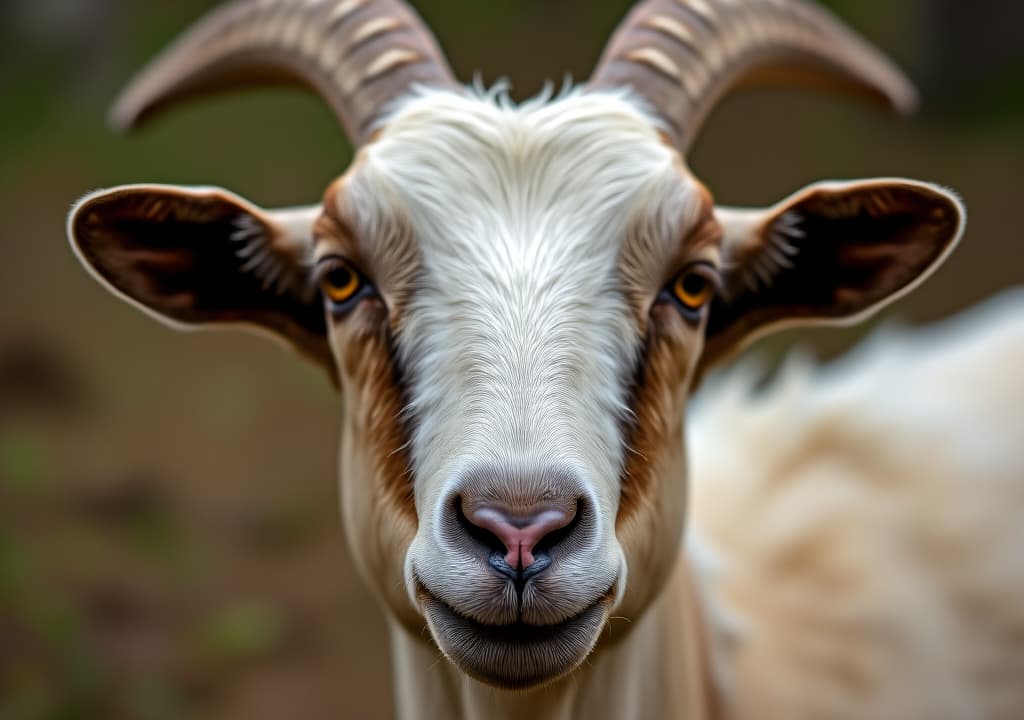  a close up of a goat's face with its horns showing