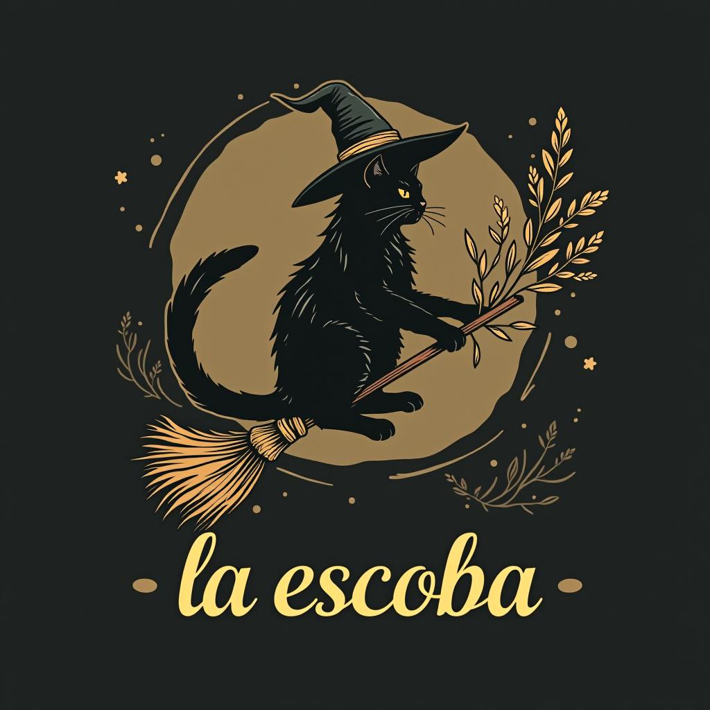  design a logo, witchy, black cat riding on a broom, dried herbs having off broom, cottage core aesthetic , with the text 'la escoba'.