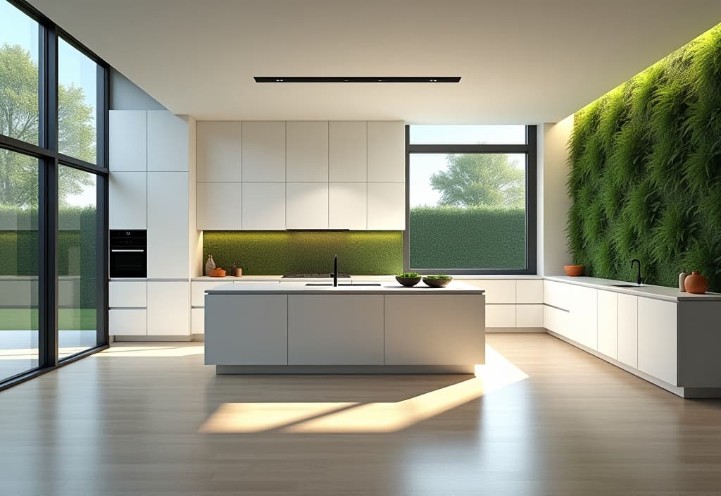  a landscape photo of a bright, airy contemporary kitchen with floor to ceiling windows, featuring a floating island, minimalist white cabinetry, and a living green wall hyperrealistic, full body, detailed clothing, highly detailed, cinematic lighting, stunningly beautiful, intricate, sharp focus, f/1. 8, 85mm, (centered image composition), (professionally color graded), ((bright soft diffused light)), volumetric fog, trending on instagram, trending on tumblr, HDR 4K, 8K