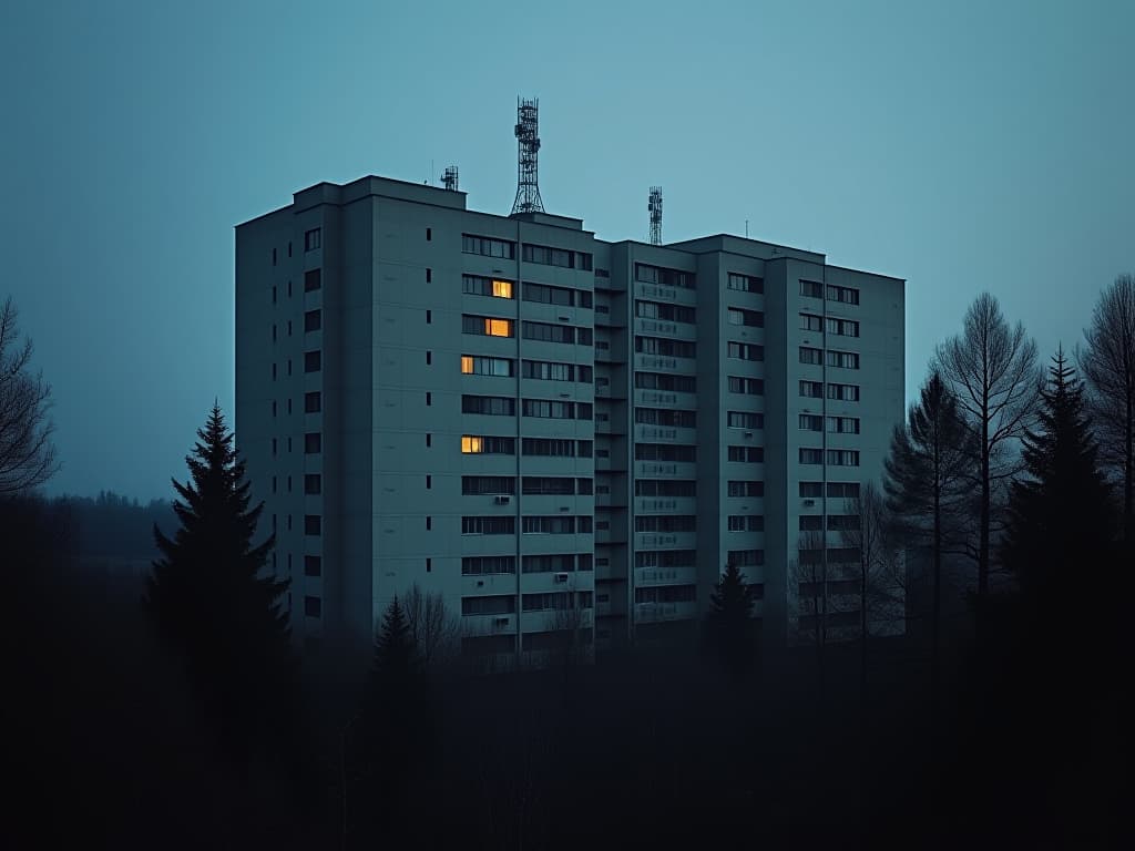  a 13 story building of a soviet research institute in the brutalist style of the 70s 80s, late in the summer evening in a dense pine forest, dim lights in some windows, blinking antennas on the roof