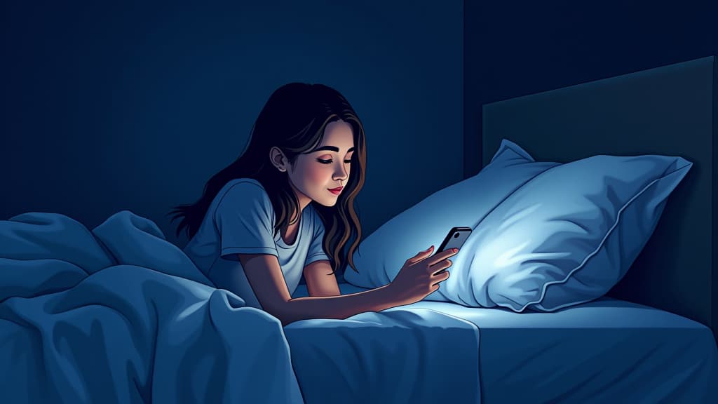  good quality, high quality, lineless vector illustration, watercolor comics, midnight, dark setting, checking phone lying on her bed in complete darkness, phone screen lighting up her face in the absolute darkness, screen flash lighting, 2d vector,