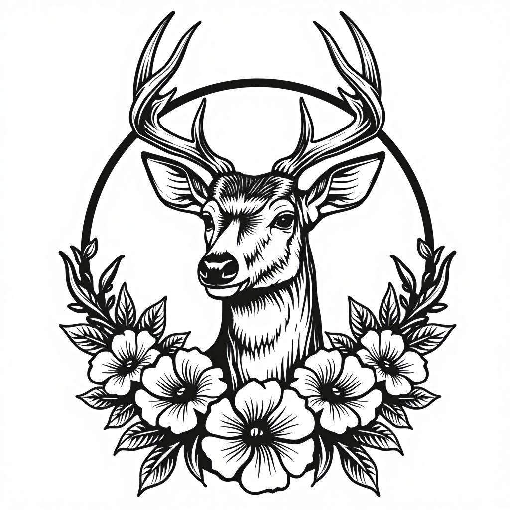  logo with a deer head in a circle surrounded by flowers feminin, (logo:1.15), black and white, hq, hightly detailed, 4k