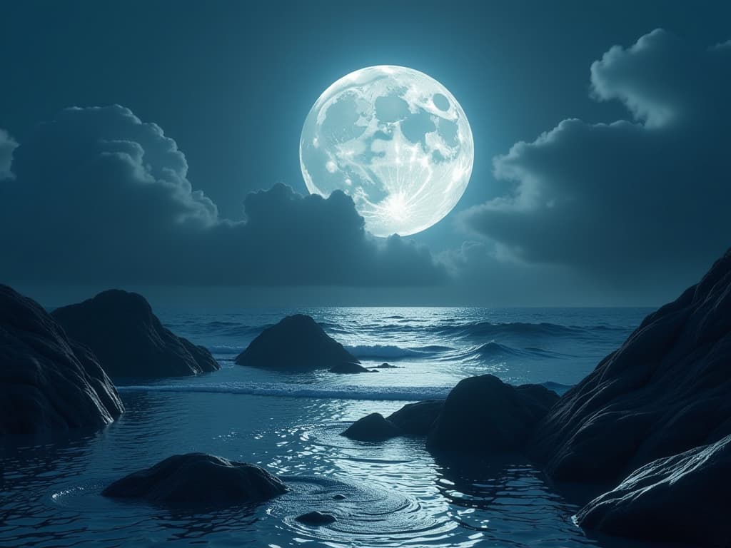  moonlight over the ocean with rocks in the water that has dark clouds, 4k, 3d render, —w 600 hyperrealistic, full body, detailed clothing, highly detailed, cinematic lighting, stunningly beautiful, intricate, sharp focus, f/1. 8, 85mm, (centered image composition), (professionally color graded), ((bright soft diffused light)), volumetric fog, trending on instagram, trending on tumblr, HDR 4K, 8K