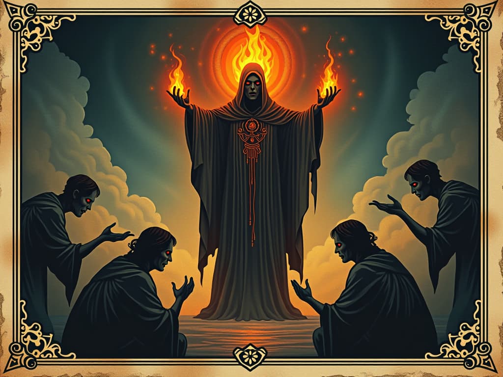  mystic figure with burning aura, others recoiling in fear, vivid flames, caution, unapproachable. an illustration in the style of a worn, mystical old tarot trump card, mysterious and elements of surrealism. the colors are muted, somber and eerie, but with contrast bring out an occult and esoteric vibe.