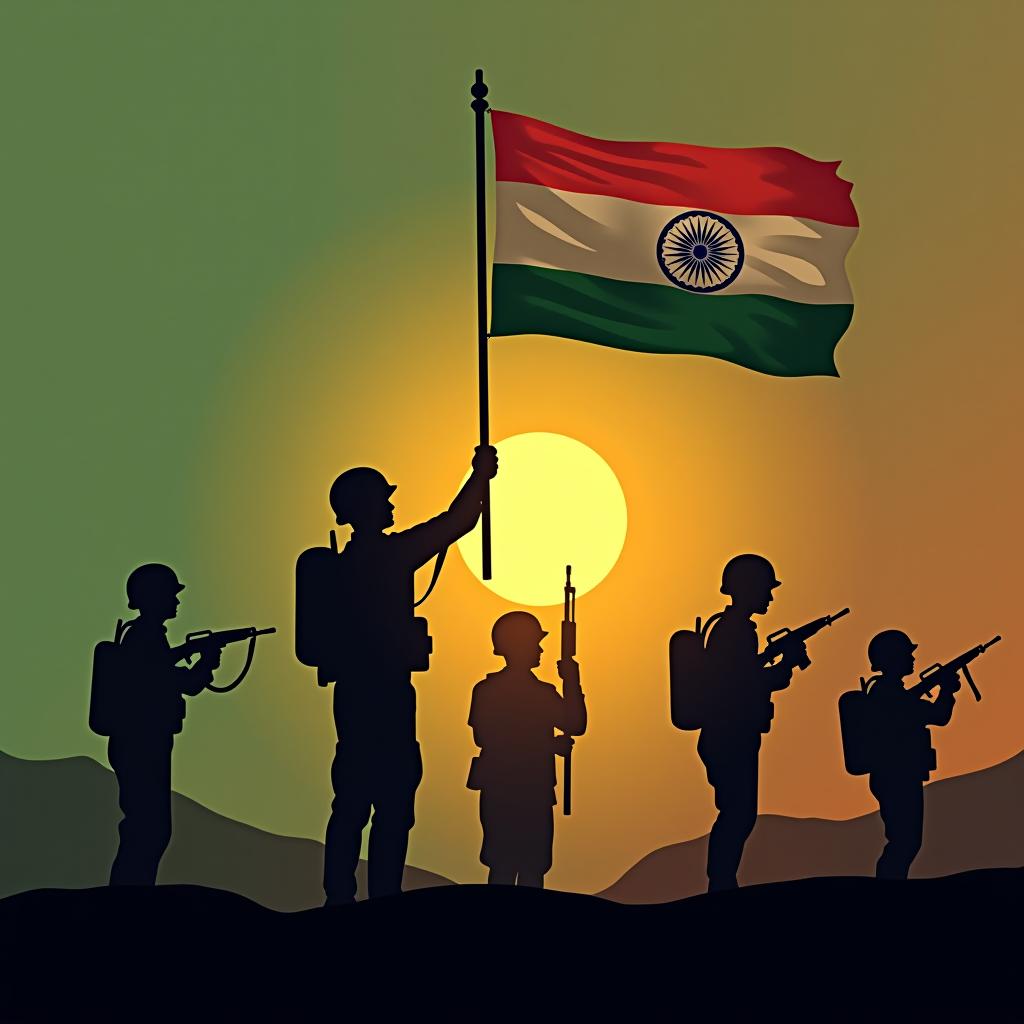  sing in ''kargil vijay diwas'', kargil victory day, indian army silhouette, holding flag