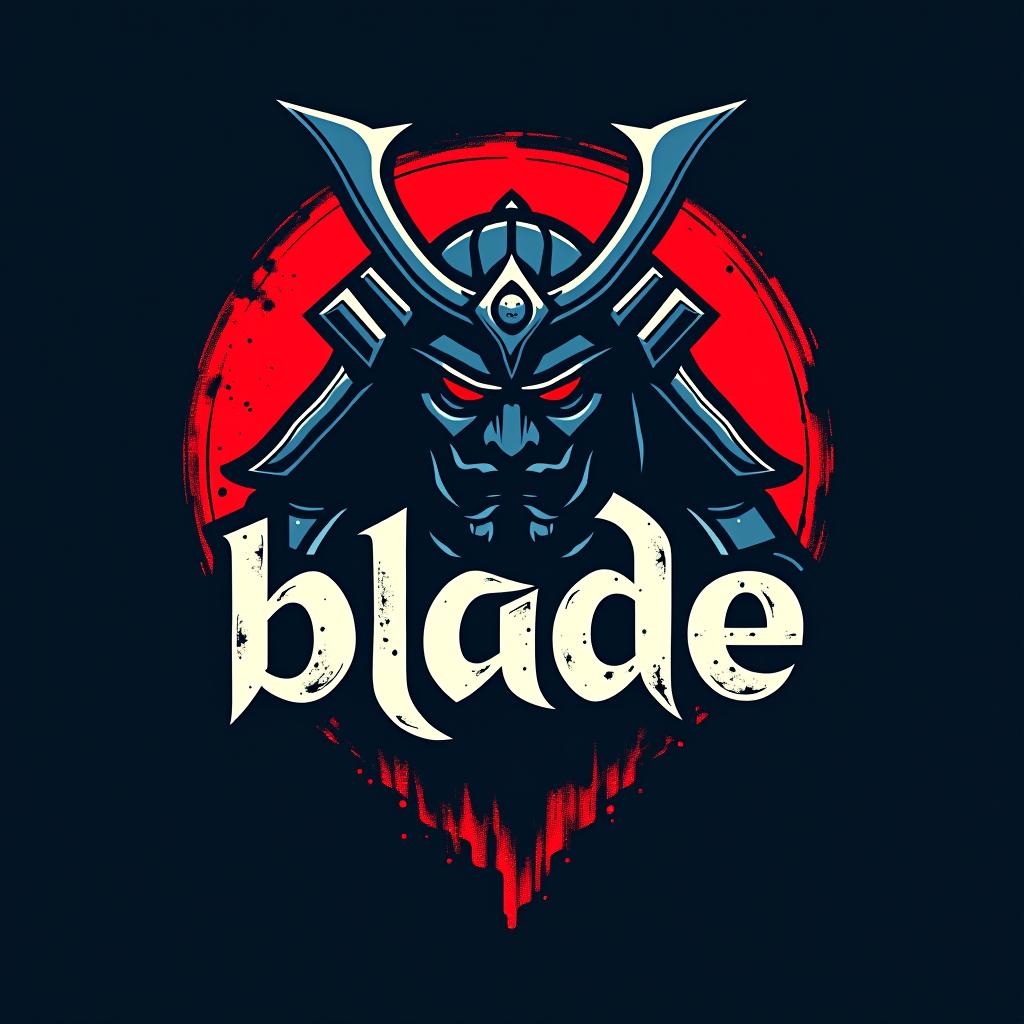  design a logo, emblem logo, with the written text “blade”, samurai theme, red and blue.