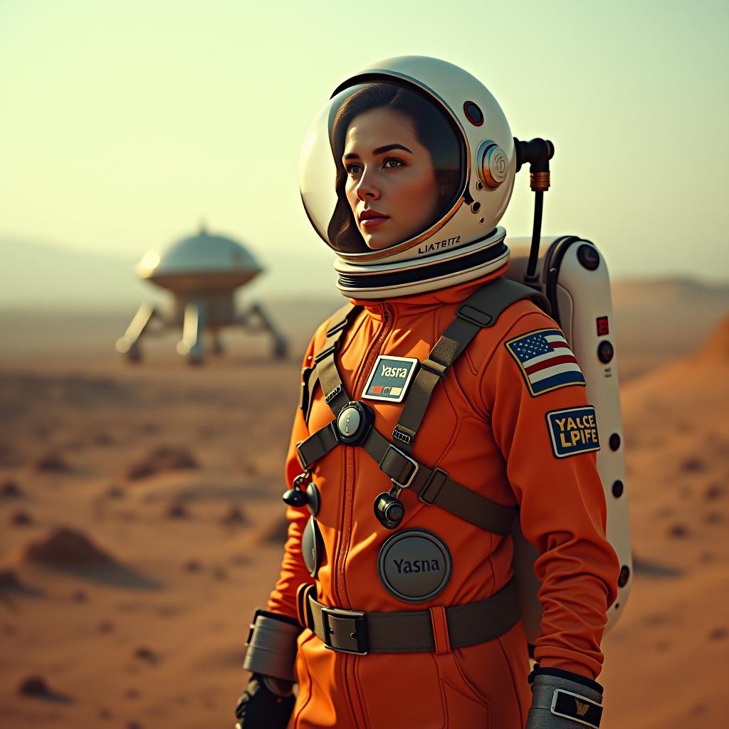  a female astronaut on a strange planet, 60s movie still, the word "yasna" on the space suit. retro style. lander in the background. hyperrealistic, full body, detailed clothing, highly detailed, cinematic lighting, stunningly beautiful, intricate, sharp focus, f/1. 8, 85mm, (centered image composition), (professionally color graded), ((bright soft diffused light)), volumetric fog, trending on instagram, trending on tumblr, HDR 4K, 8K