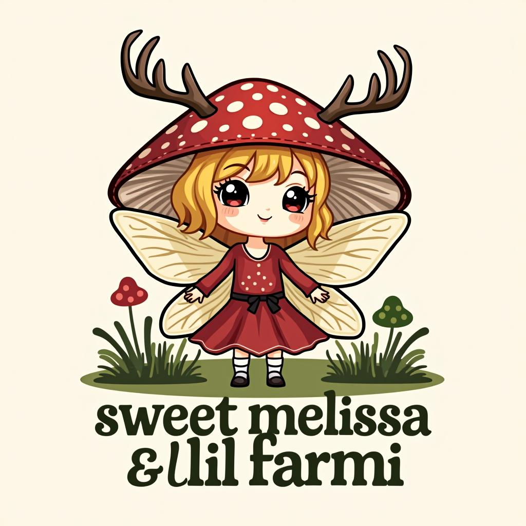  design a logo, mushroom forest fairy with deer antlers and blonde hair , with the text 'sweet melissa & lil farmi'.