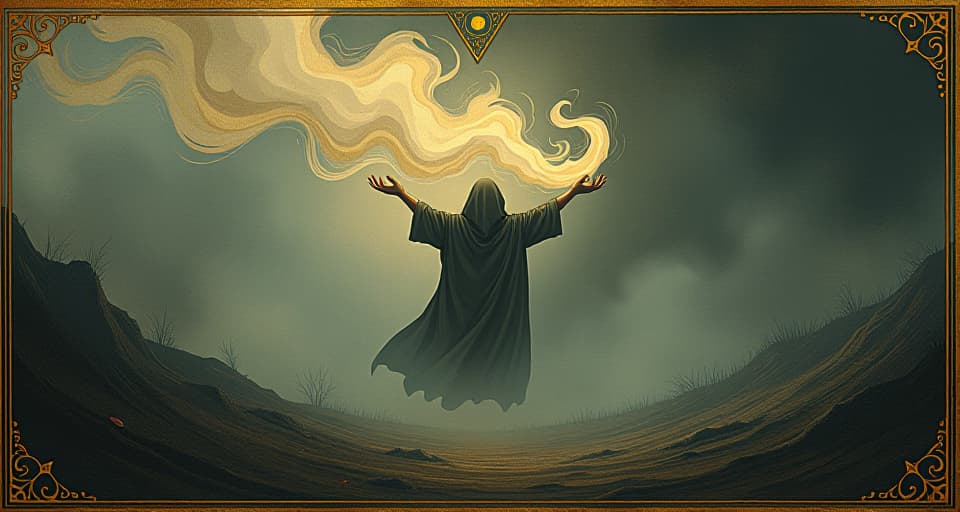  wispy smoke dissipating in the air, power symbols fading, sense of loss, diminishing strength, emptiness. an illustration in the style of a worn, mystical old tarot trump card, mysterious and elements of surrealism. the colors are muted, somber and eerie, but with contrast bring out an occult and esoteric vibe.