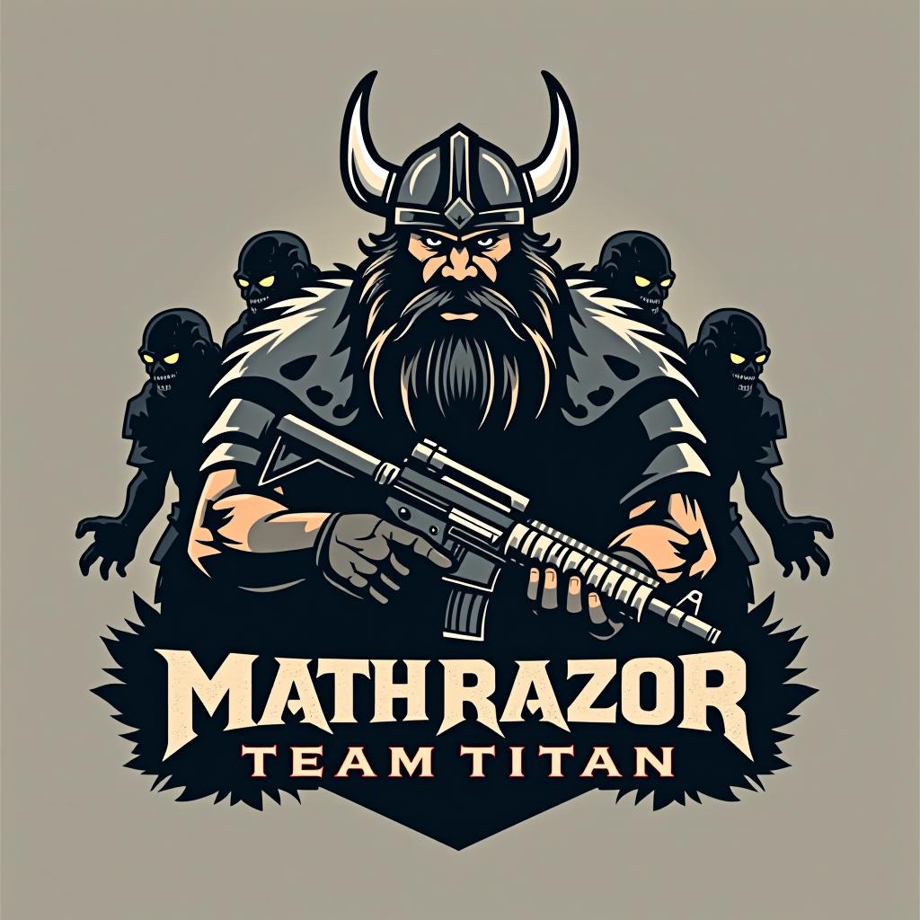  design a logo, a viking with a black beard dressed as a soldier with a machine gun and zombies behind him, with the text 'mathrazor team titan '.