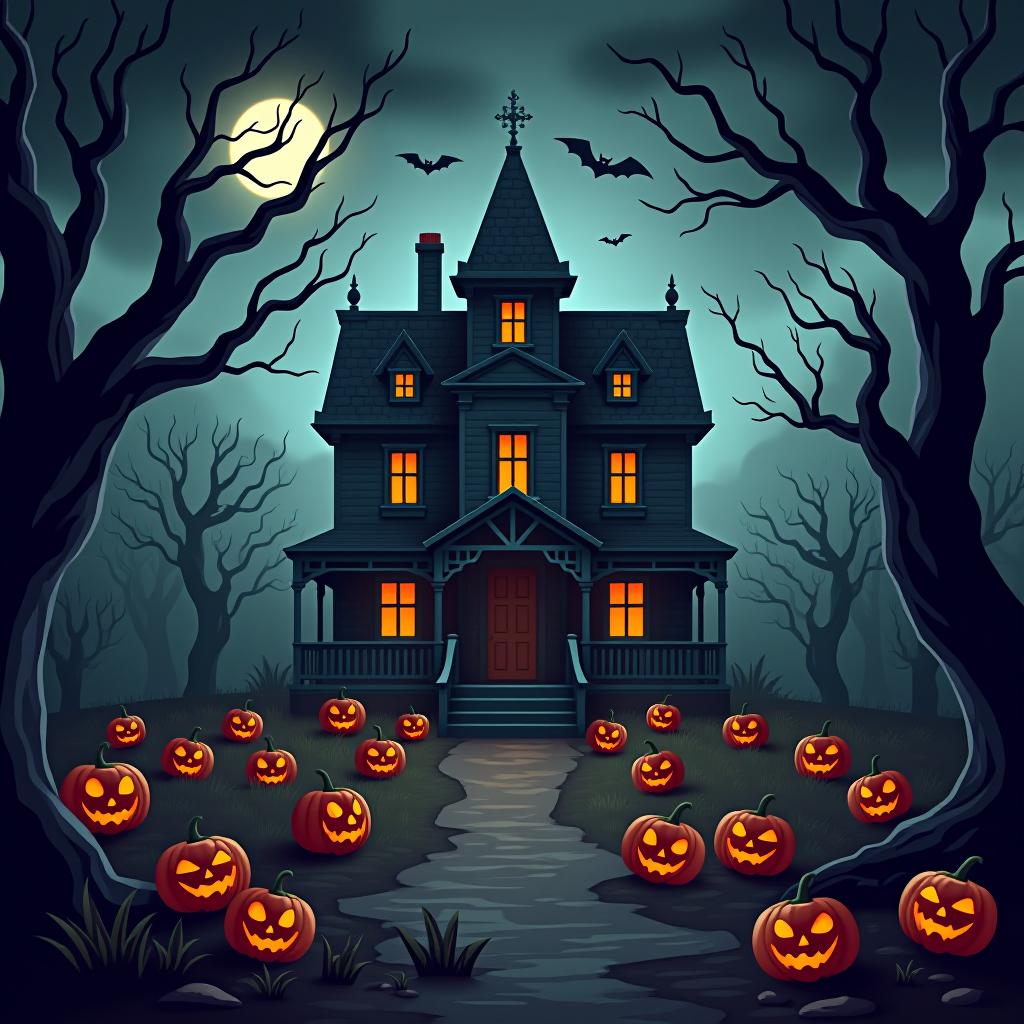  create a seamless digital painting of a spooky, halloween themed scene featuring a haunted house with gothic architecture. the house should be surrounded by twisted, gnarled trees and a multitude of jack o' lanterns. the scene should include a dark, cloudy sky to enhance the eerie atmosphere. the overall style should be detailed and atmospheric, capturing the essence of a haunted, creepy environment perfect for halloween, ensuring the design is seamless for use in repeating patterns or wraps.