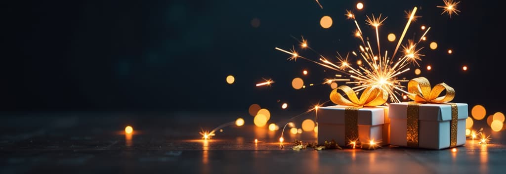  dark background, text "2025" at the top, gold and white gift boxes, bright sparkling garland, burning sparklers. free space for text at the bottom, top view ar 3:1 {prompt}, maximum details