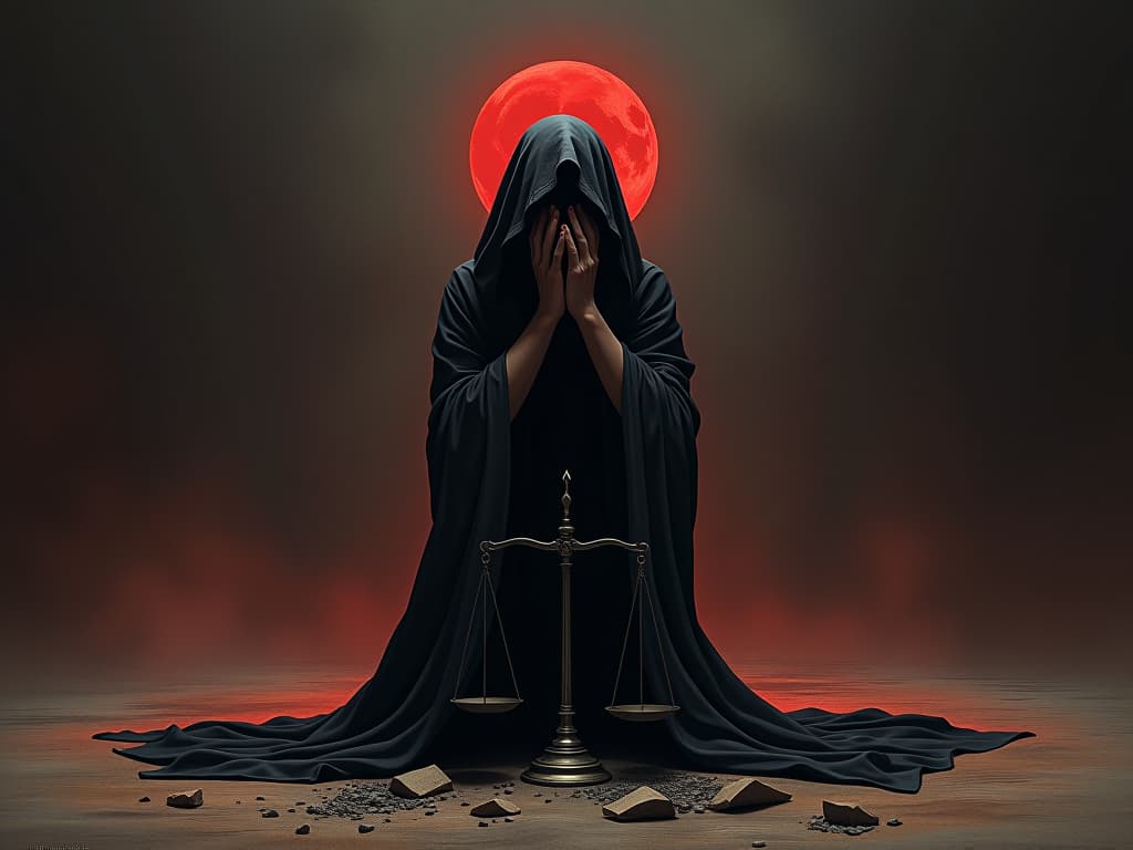  a figure on their knees, hands covering their face, standing in an empty void, with broken scales of justice at their feet, atmosphere of inner turmoil.. the style is dark fantasy and mysterious occult, symbolic, moody lighting, esoteric vibe,high detail on character design. for the color scheme emphasize blacks and reds.