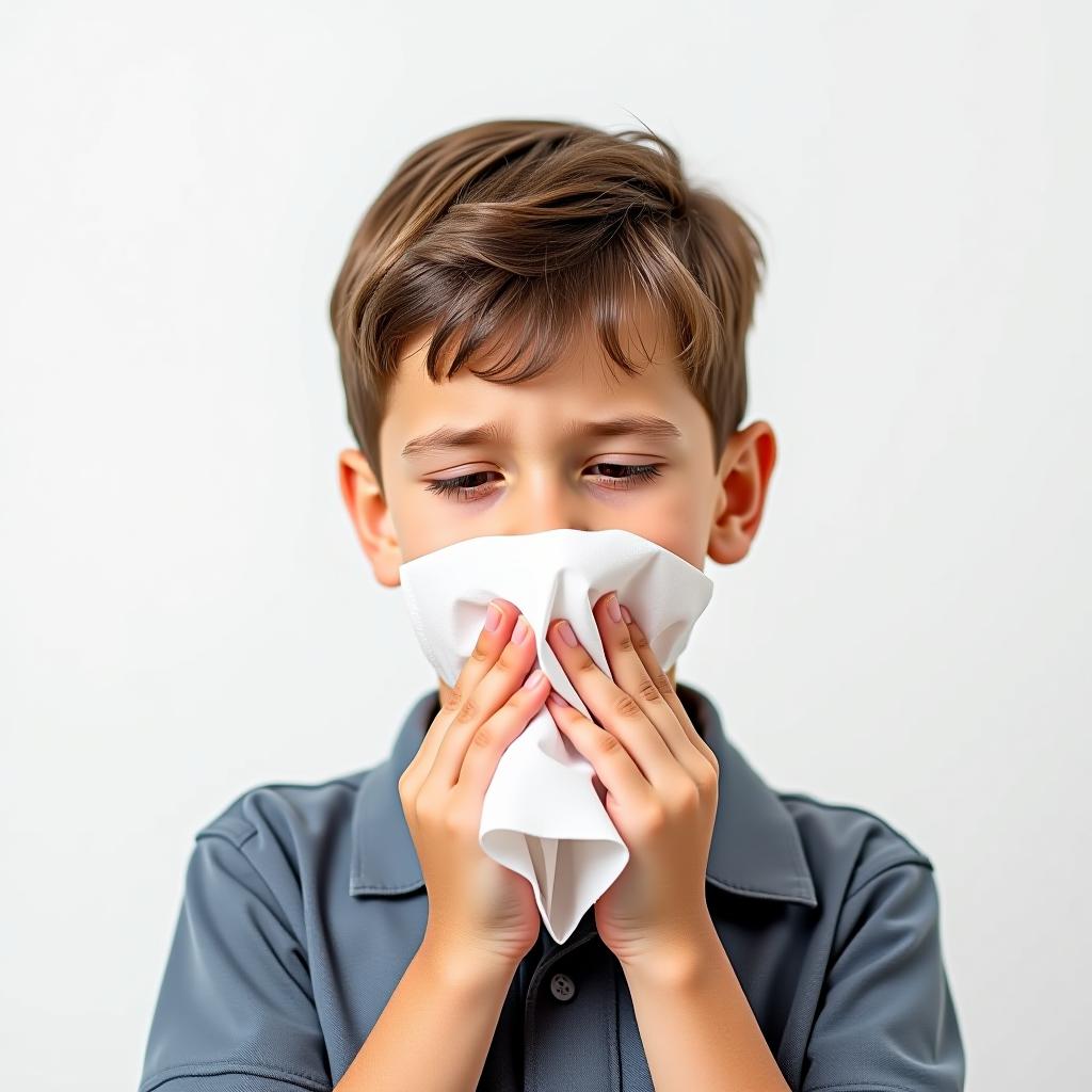  young boy sneezing into a tissue with a plain white background. represents common cold or allergy symptoms in a clean and simple setting.