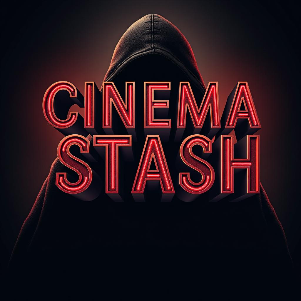  a movie poster logo of word "cinema stash", dark theme include character