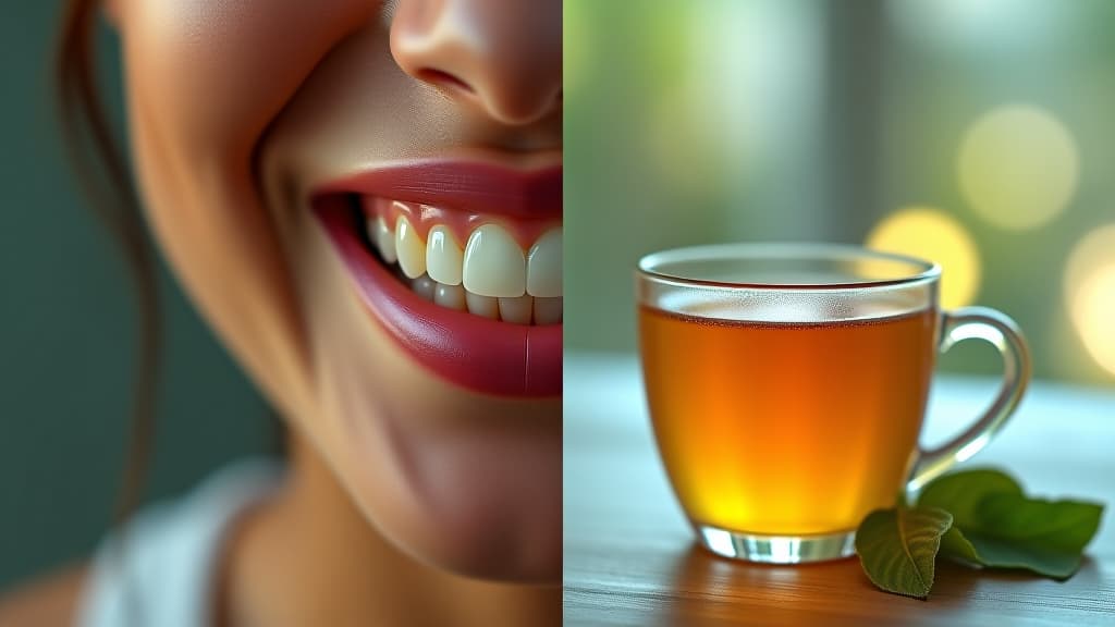  scenes about health and fitness, a split image: one side showing healthy gums and teeth, the other depicting a cup of guava leaf tea for oral health benefits. hyperrealistic, full body, detailed clothing, highly detailed, cinematic lighting, stunningly beautiful, intricate, sharp focus, f/1. 8, 85mm, (centered image composition), (professionally color graded), ((bright soft diffused light)), volumetric fog, trending on instagram, trending on tumblr, HDR 4K, 8K