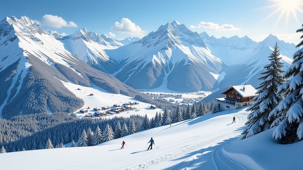  generate a detailed and vibrant image of a luxurious ski resort in the austrian alps. include diverse elements such as snow covered forests, majestic mountains, picturesque villages, well groomed ski slopes, and modern ski lifts. show a range of skiers, from beginners to experts, enjoying the slopes. capture traditional hospitality with cozy accommodations like mountain huts and hotels. highlight the culinary experience with tyrolean specialties. ensure brand logos of top ski resorts are visible