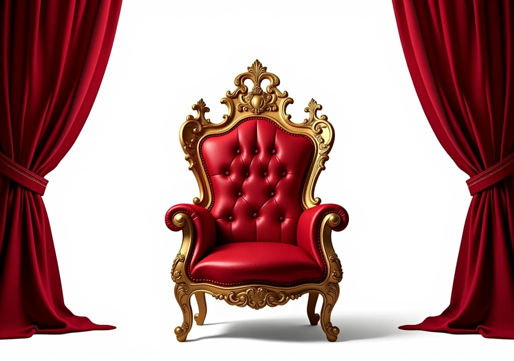  antique armchair in the interior, the throne room with gold royal chair on a white background of red curtains. place for the king. throne, luxury armchair,