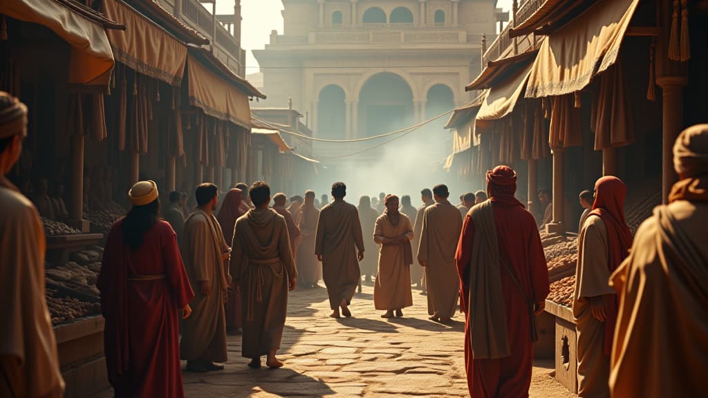  a vibrant marketplace scene in ancient babel, filled with diverse peoples and goods, showcasing multicultural interaction before the confusion. hyperrealistic, full body, detailed clothing, highly detailed, cinematic lighting, stunningly beautiful, intricate, sharp focus, f/1. 8, 85mm, (centered image composition), (professionally color graded), ((bright soft diffused light)), volumetric fog, trending on instagram, trending on tumblr, HDR 4K, 8K