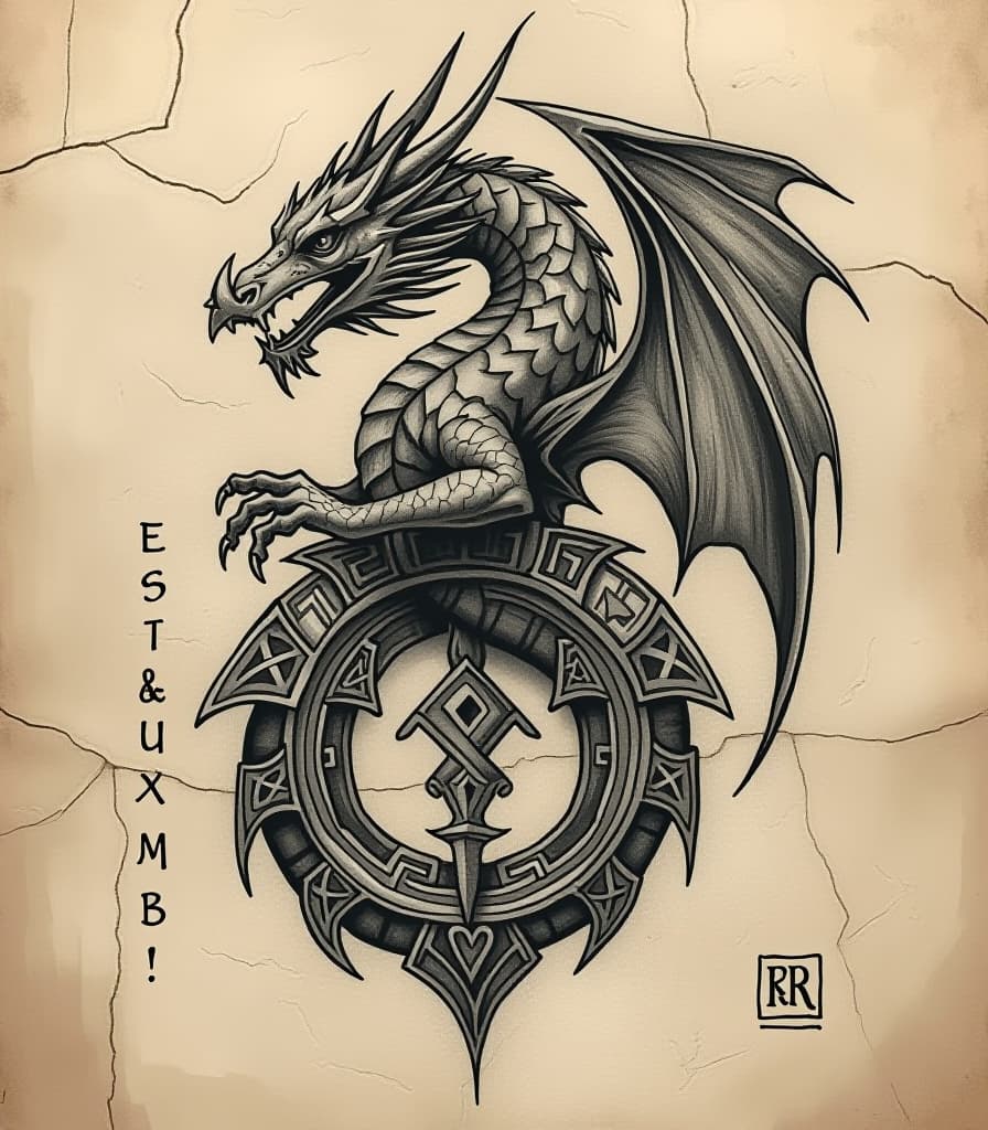  (detailed tattoo sketch:1.3) (celtic and norse style:1.2), featuring a (majestic viking dragon carving:1.3) entwined with (intricate ornamental patterns:1.2). the artwork is rendered in (charcoal:1.2) on (cracked parchment paper:1.3), showcasing the (rich textures:1.1) and (contrast of deep blacks:1.2) against the worn surface. each line is meticulously crafted to highlight the (dynamic movement:1.1) of the dragon, surrounded by (ornate knotwork:1.3) and (symbolic runes:1.2) that tell a story of ancient lore.