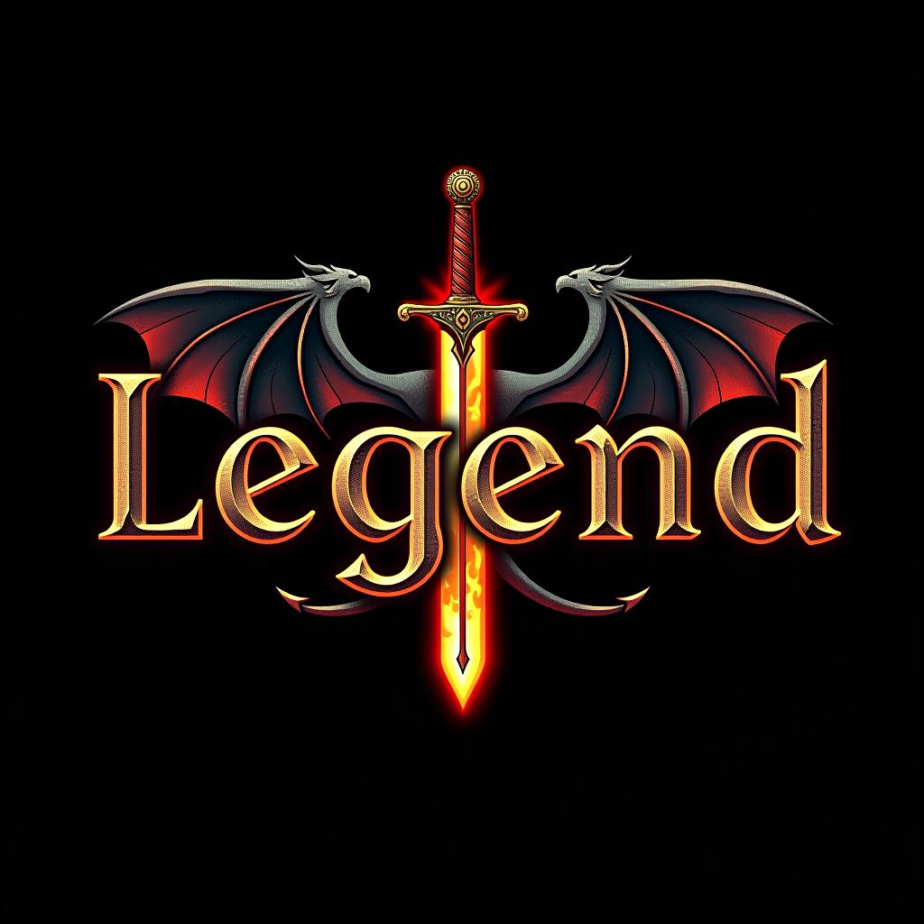  design a logo, custom sticker design on an isolated black background with the words ‘legend’ in bold font decorated by mythical dragons and a flaming sword