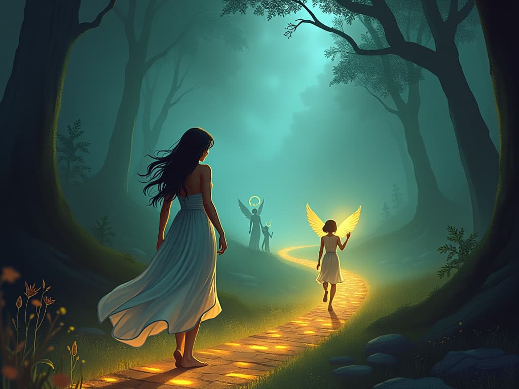  mystic daringly following the call of the soul, standing on a glowing forest path. ethereal beings and magical symbols accompany, symbolizing courage.. the style is digital art illustration,highly detailed, whimsical,magical, dreamlike atmosphere, realism and fantasy blend, smooth, glossy textures,luminous quality, wonder and enchantment.