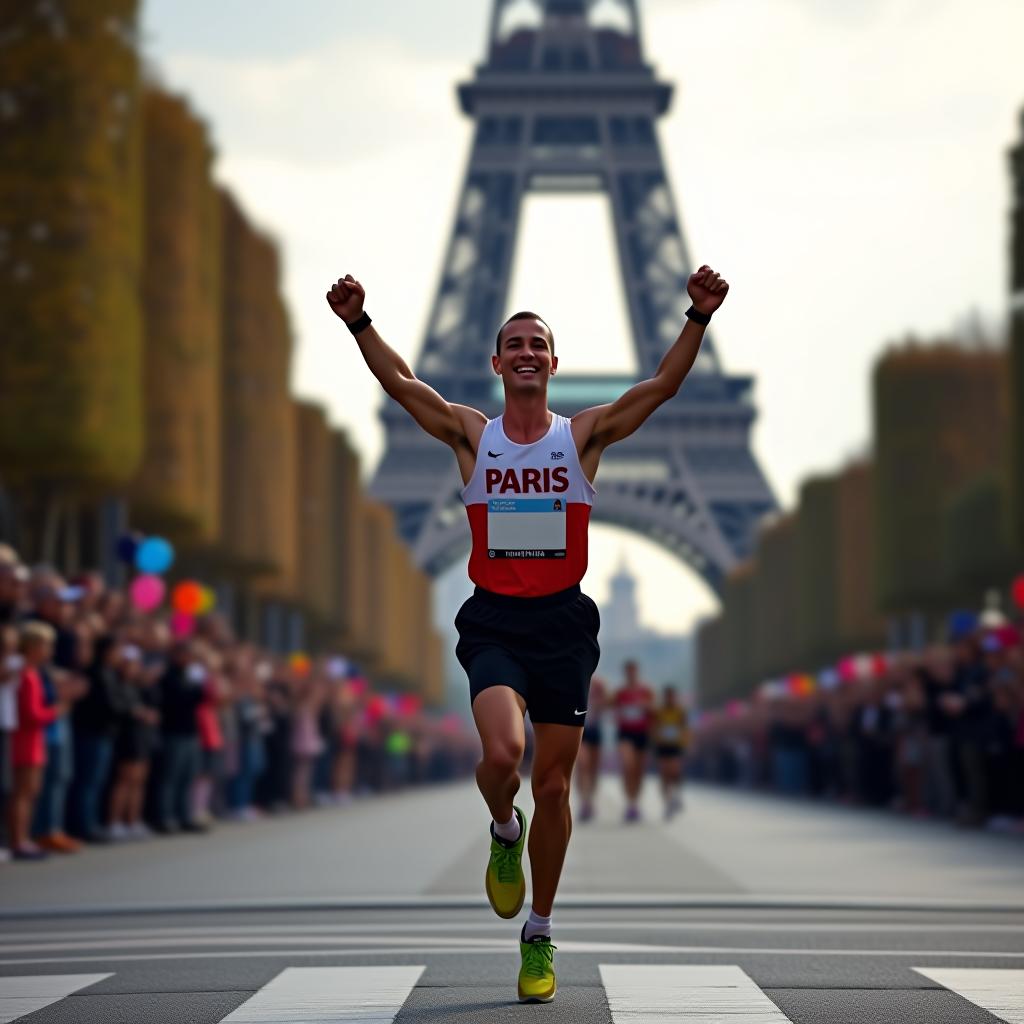  marathon runner celebrated in paris, eiffel tower backdrop amidst cheering crowd