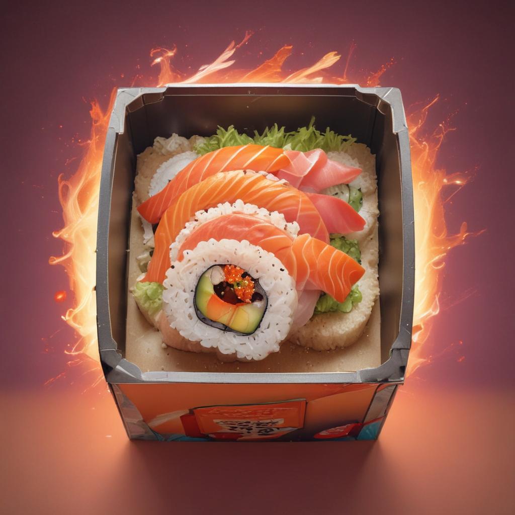 distance-shot, flashy, full-body, dynamic, holographic, animated cartoon poster of a take-out box of sushi in the style of dragon ball super