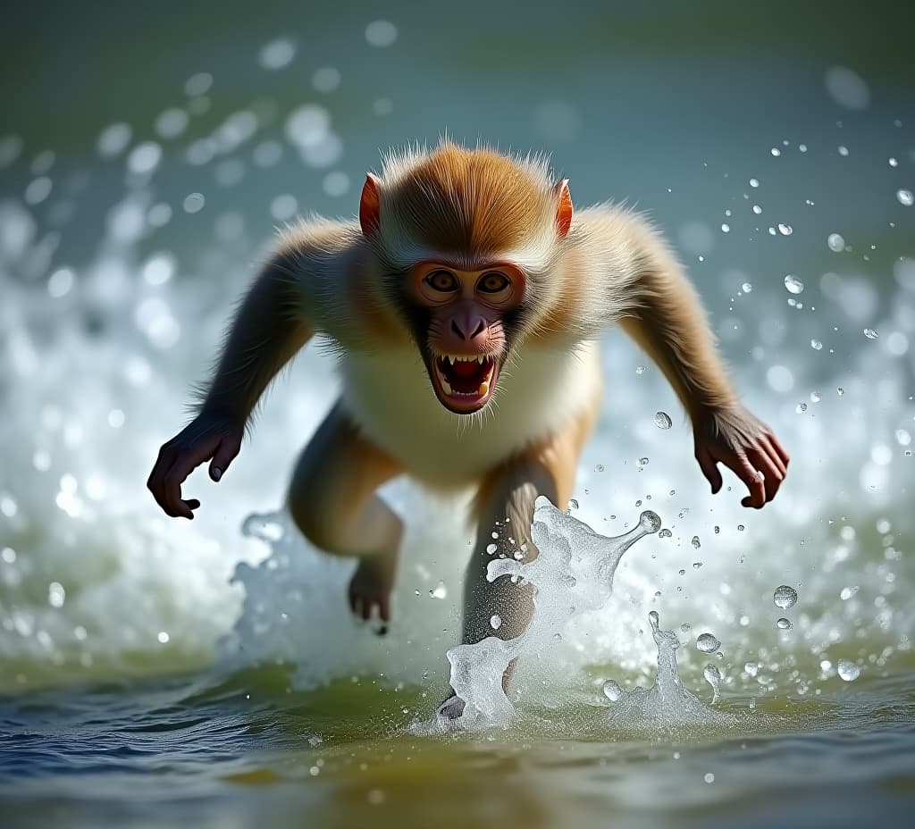  vigorous monkey runs through crystal clear water, splashing droplets everywhere, showcasing its agility and freedom in a dynamic, energetic, and thrilling wildlife action scene.