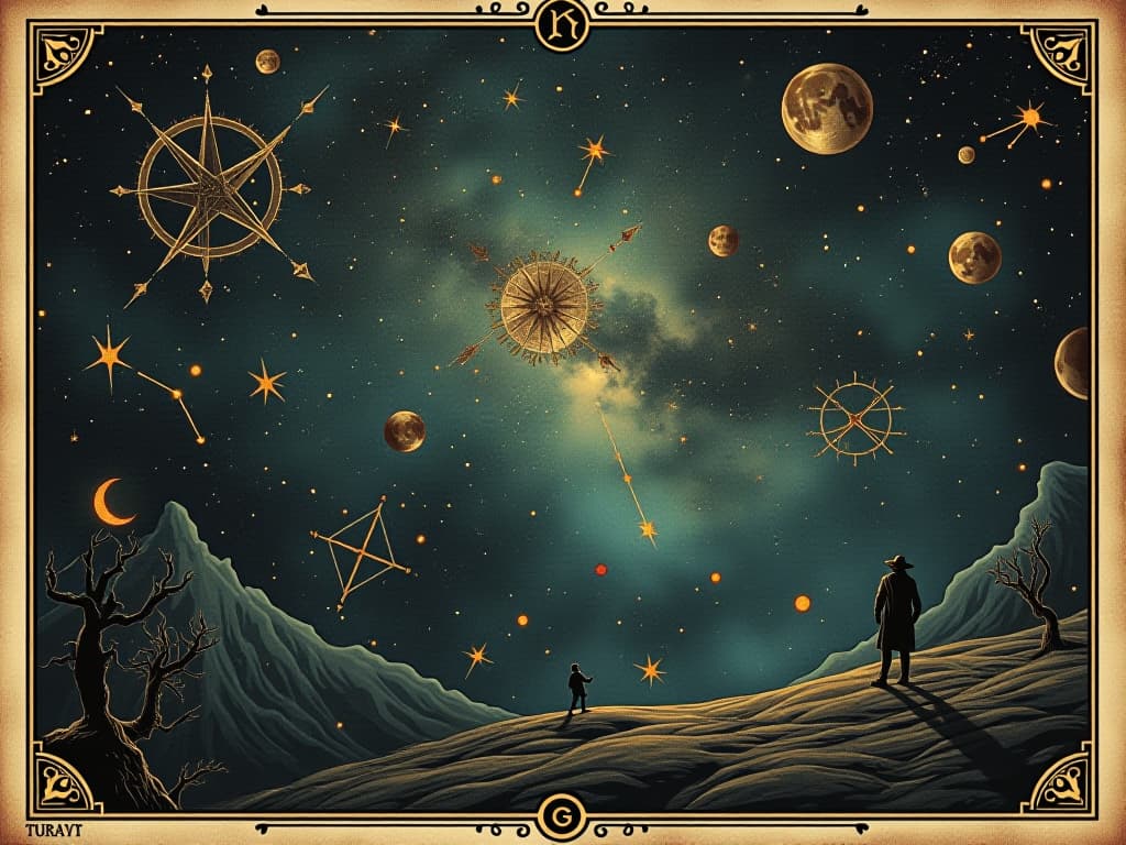  a night sky filled with cryptic symbols and constellations, guidance from the cosmos, celestial messages, mystical and enigmatic. an illustration in the style of a worn, mystical old tarot trump card, mysterious and elements of surrealism. the colors are muted, somber and eerie, but with contrast bring out an occult and esoteric vibe.