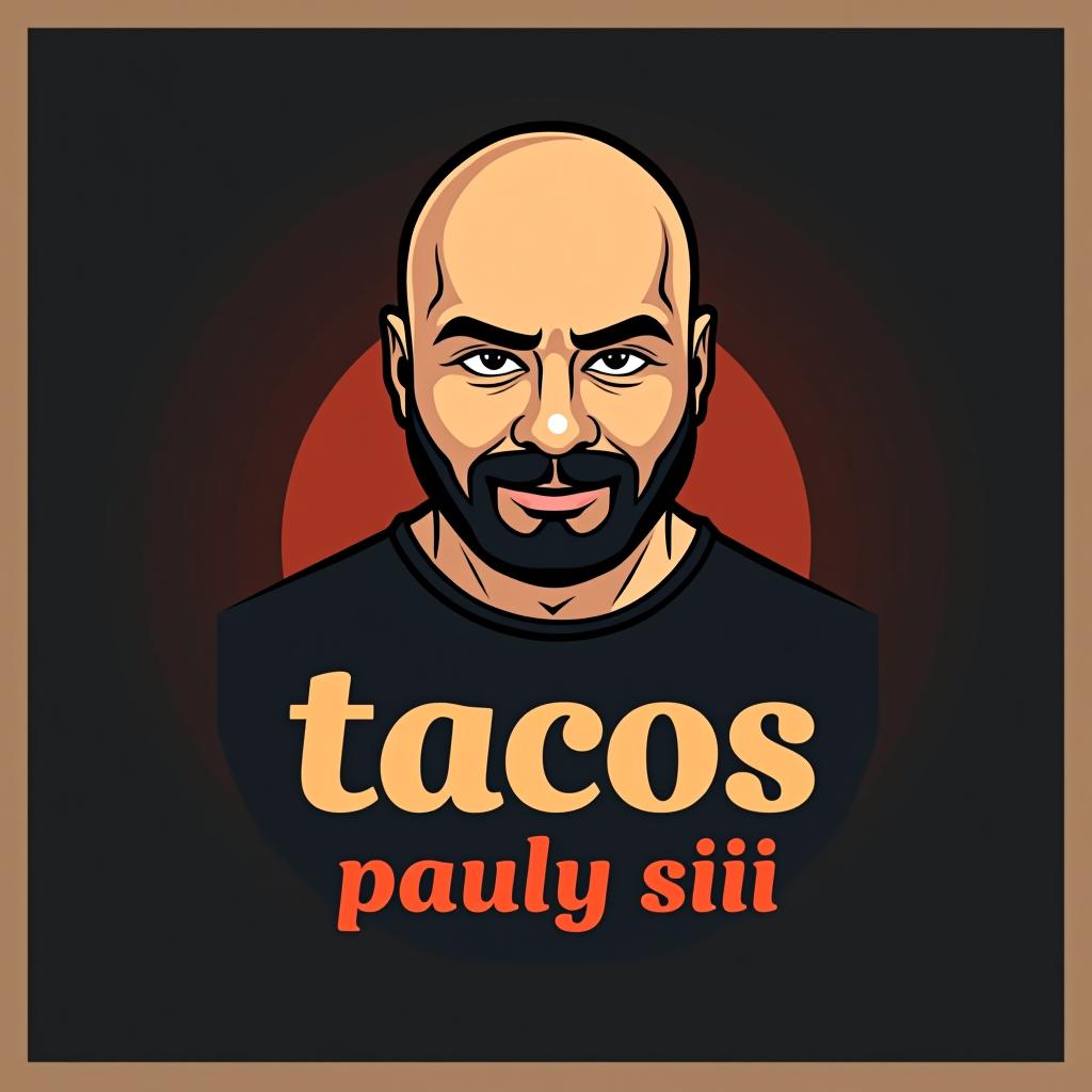  design a logo, bald man , with the text 'tacos pauly siiiii'.