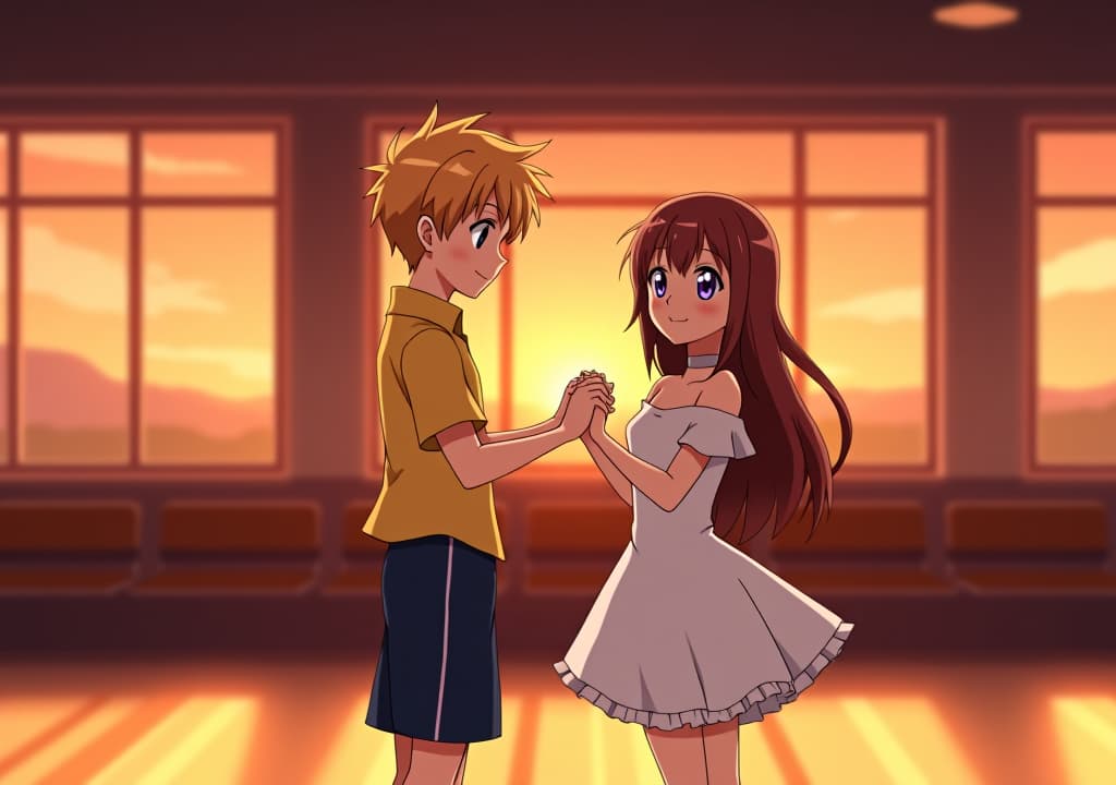  anime, anime sytle, anime image, cartoon, real cartoon, real anime, a anime scene screenshot. the background is a clroom, and they're are two pre and characters dancing practicing for a ball. the has blonde short hair, blue eyes, and wears a yellow shirt and navy blue shorts, while blushing and looking away but smile. the has brown long hair, purple eyes, with freckles on her face, and wears a white cute dress, and has a cute smile, and she is flat ed. they are holding hands while also the holding her waist, and are doing this practice during sunset, and the clroom is empty. the anime style is high quality, and looks like a scene from a anime movie and detailed